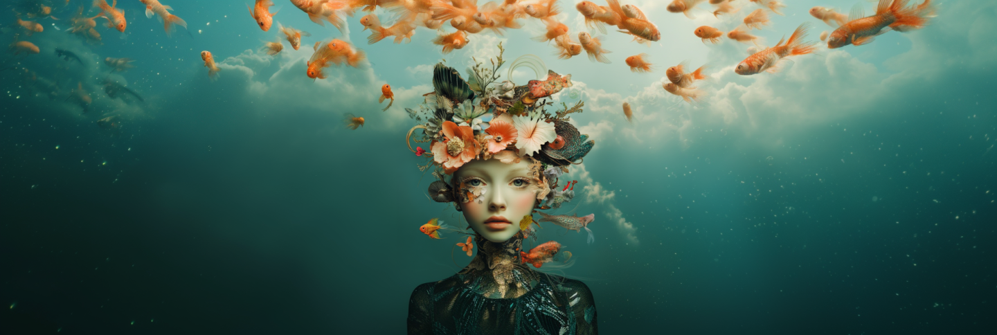 image de portrait femme , visage entourée de fleurs sur fond d'eau et poissons rouges